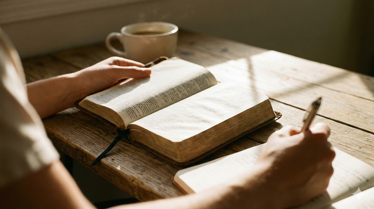 Pessoa escrevendo em diário de oração com bíblia aberta ao lado