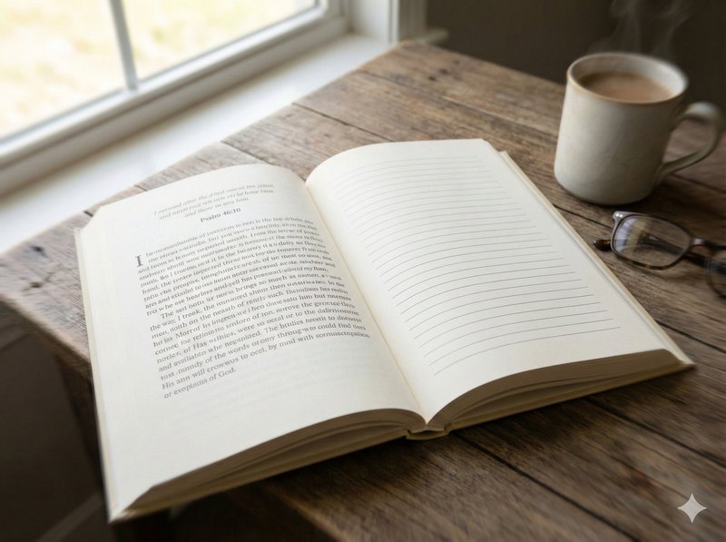 Devocional aberto com páginas para leitura e escrita